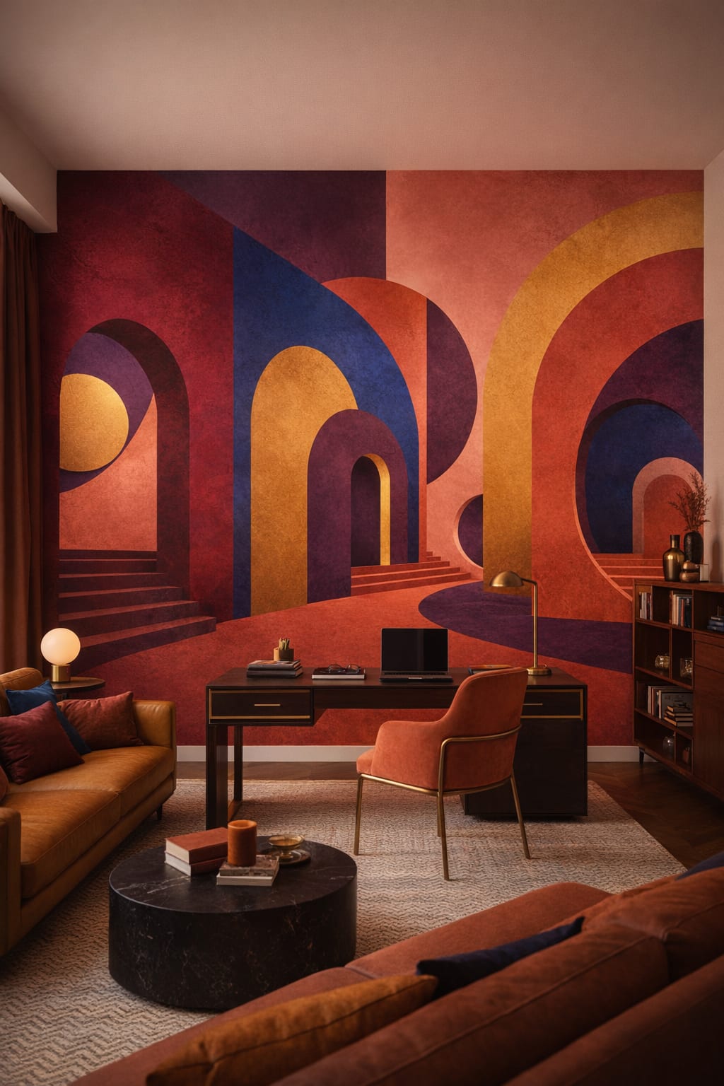 Bauhaus primary-color abstract arches featuring staircases - Wall Mural Peel and Stick Wallpaper for Bauhaus Executive Home Office.
