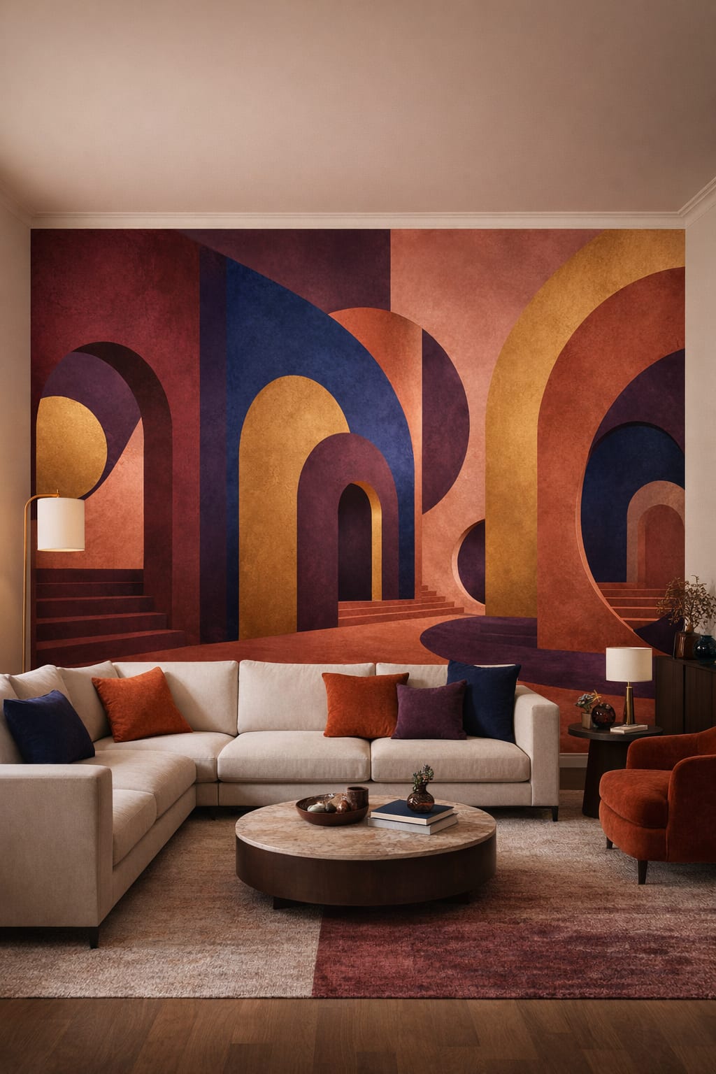 Neutral stone abstract arches featuring staircases - Wall Mural Peel and Stick Wallpaper for Luxury Contemporary Living Room.
