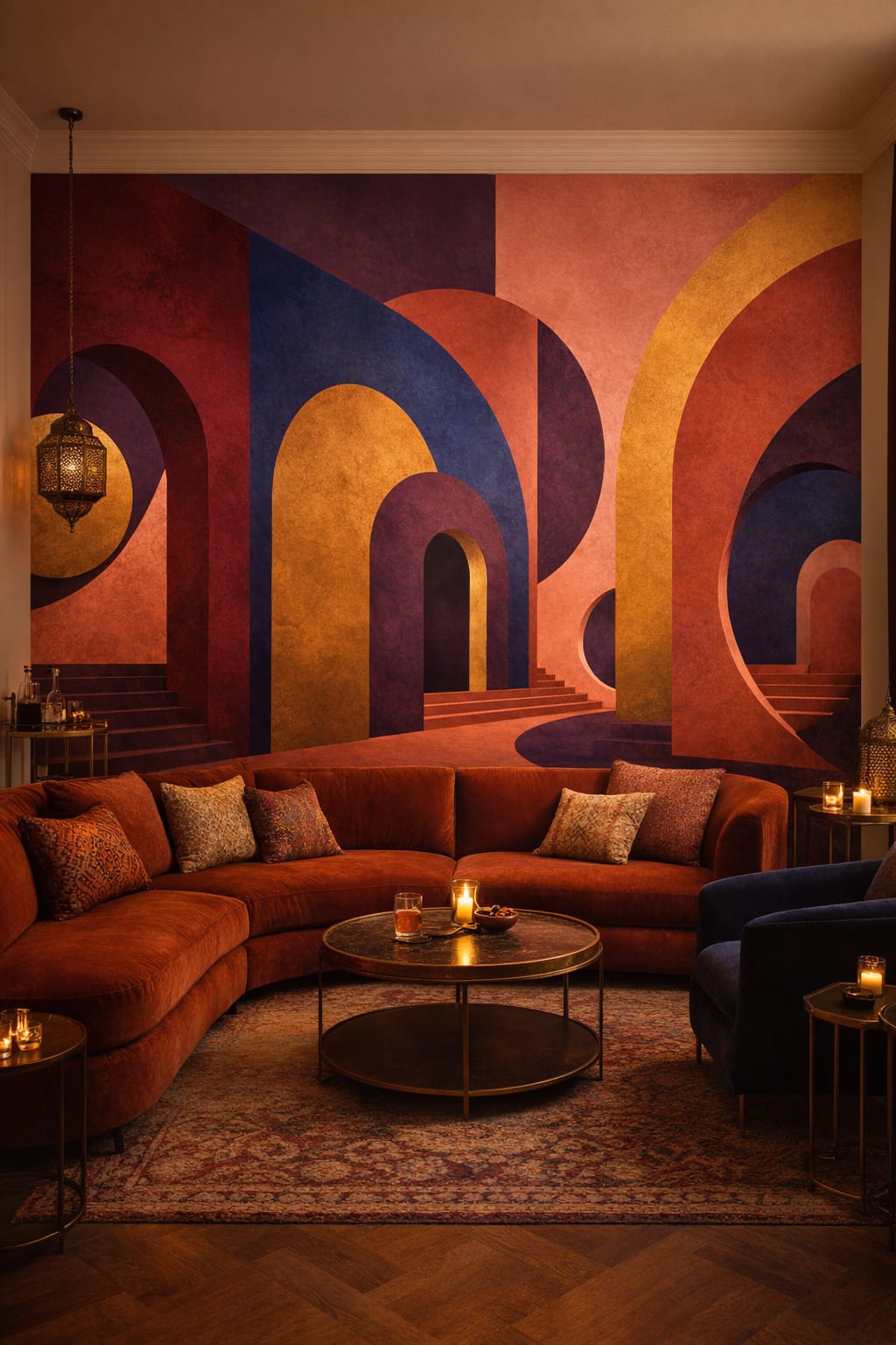 Blue and gold abstract arches featuring staircases - Wall Mural Peel and Stick Wallpaper for Moorish Bar/Lounge.