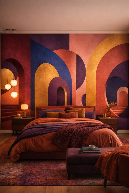 Deep, bold abstract arches featuring staircases - Wall Mural Peel and Stick Wallpaper for Color-drenched Master Bedroom.
