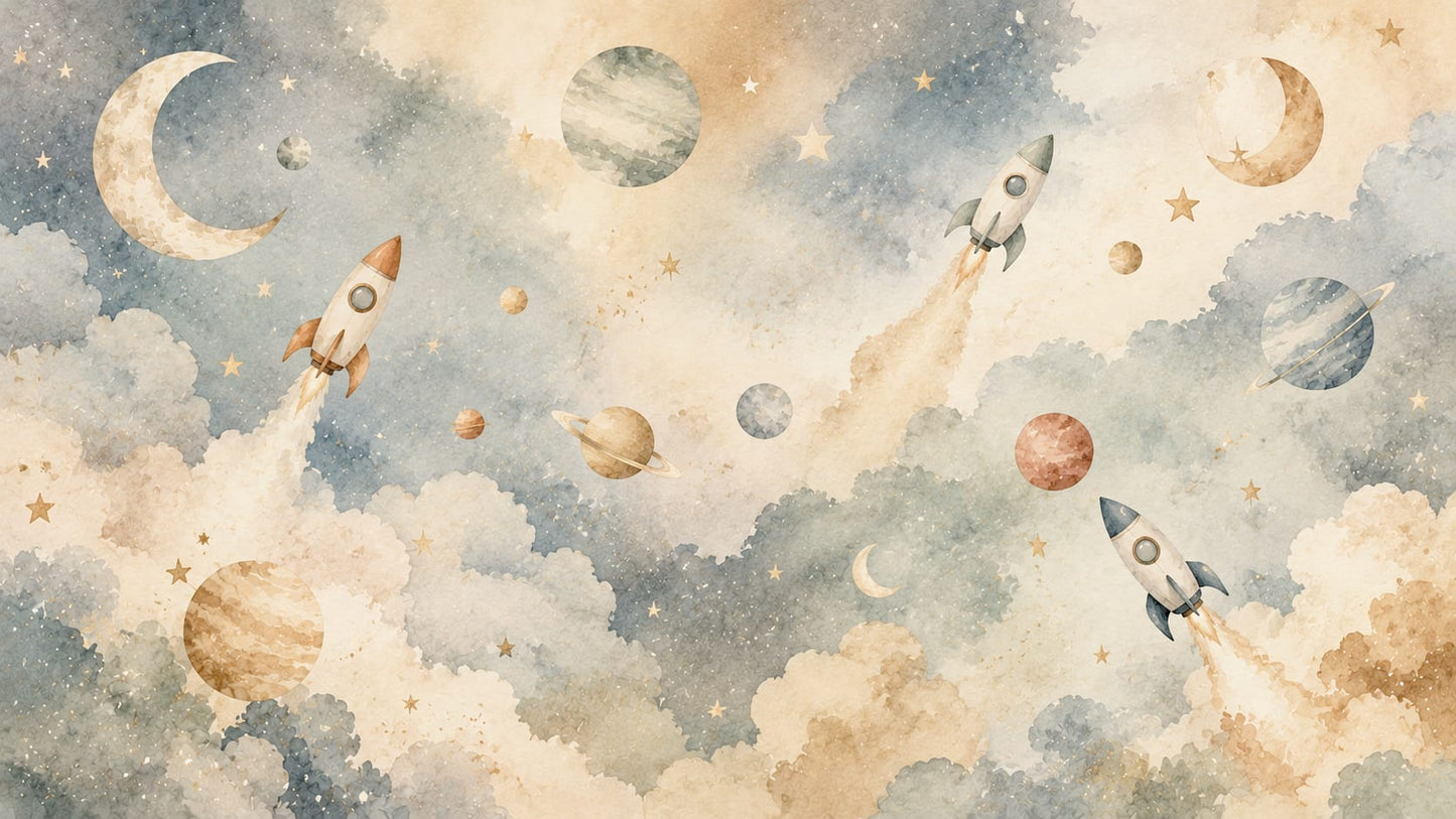 Dreamy Watercolor Blue Gray Rockets featuring planets and celestial icons - Wall Mural & Peel and Stick Wallpaper for Watercolor Nursery or Kids Room