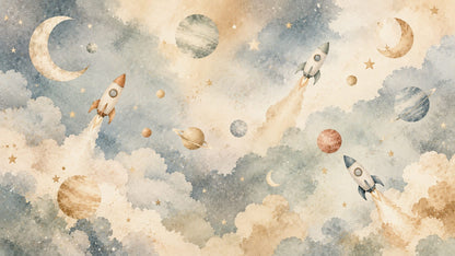 Dreamy Watercolor Blue Gray Rockets featuring planets and celestial icons - Wall Mural & Peel and Stick Wallpaper for Watercolor Nursery or Kids Room