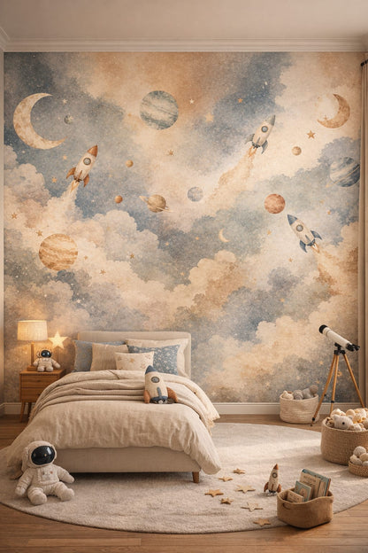 Navy celestial rockets featuring planets - Wall Mural Peel and Stick Wallpaper for Outer Space / Celestial Kids Bedroom.