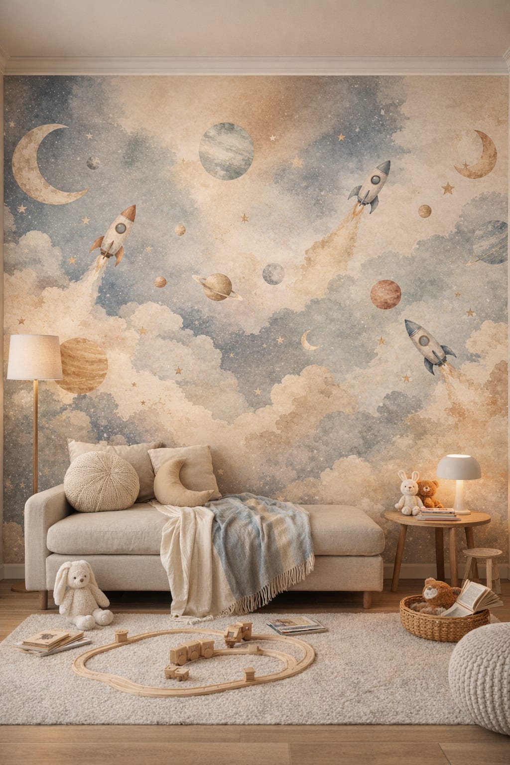 Scandi Kids white birch rockets featuring planets - Wall Mural Peel and Stick Wallpaper for Scandi Kids Reading Corner.