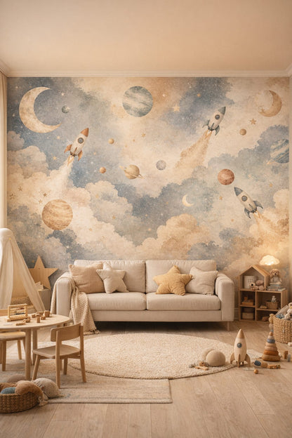Neutral Modern Montessori rockets featuring planets - Wall Mural Peel and Stick Wallpaper for Modern Montessori Playroom.
