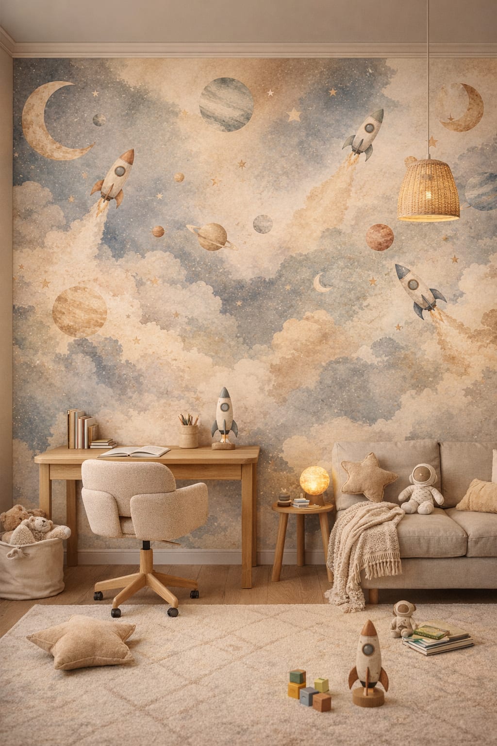 Contemporary gray rockets featuring planets - Wall Mural Peel and Stick Wallpaper for Gender-Neutral Contemporary Homework / Study Corner.
