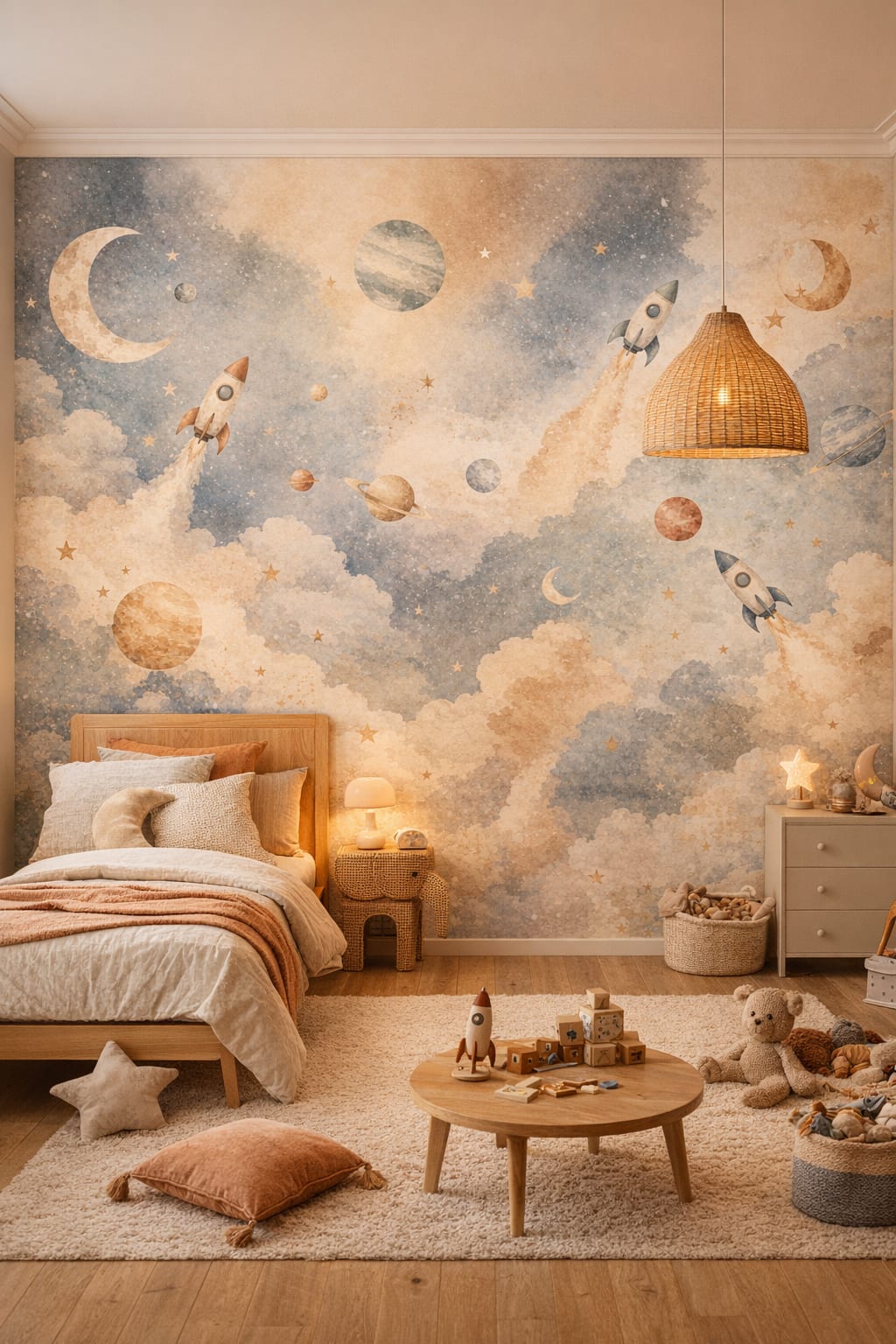 Teal walnut rockets featuring planets - Wall Mural Peel and Stick Wallpaper for Mid-century Kids Kids Bedroom.