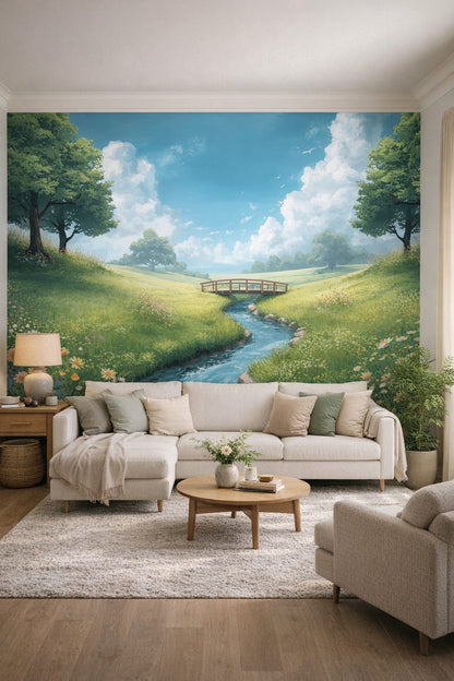 Cream Organic Modern meadow stream featuring wooden bridge - Wall Mural Peel and Stick Wallpaper for Organic Modern Living Room.
