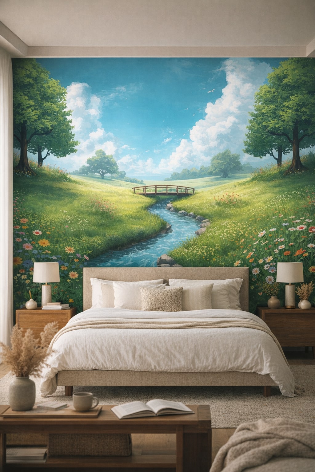 Japandi sand-toned meadow stream featuring a wooden bridge - Wall Mural Peel and Stick Wallpaper for Japandi Master Bedroom.