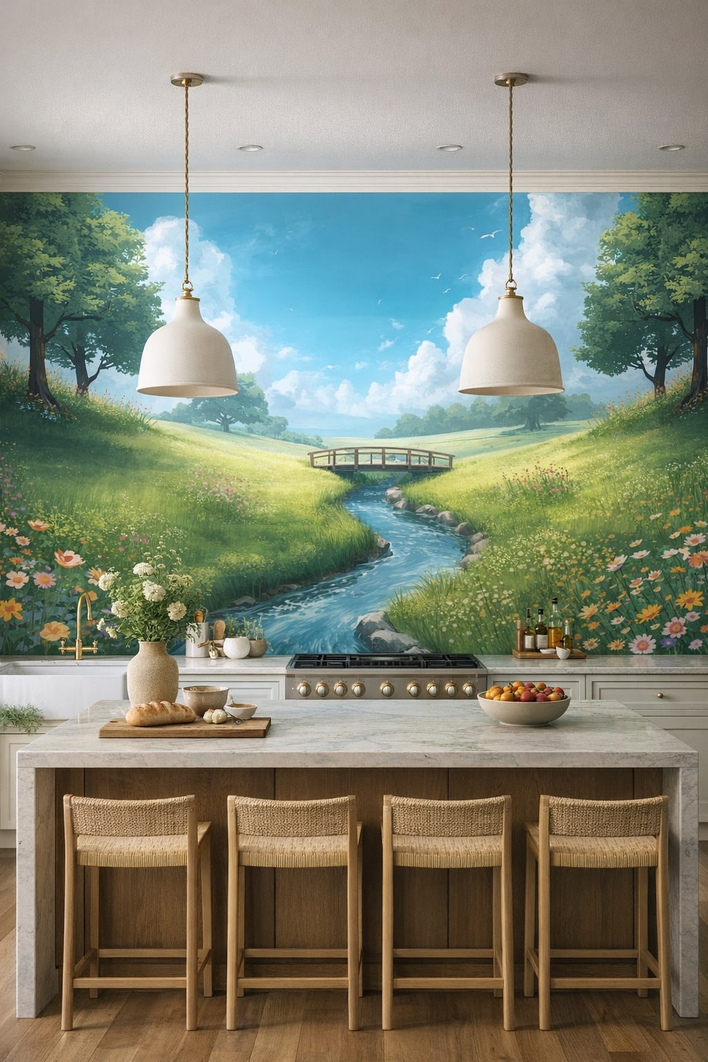 Mediterranean Modern blue-white meadow stream featuring wooden bridge - Wall Mural Peel and Stick Wallpaper for Mediterranean Modern High-end Kitchen.