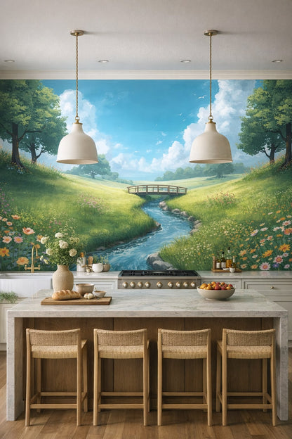 Mediterranean Modern blue-white meadow stream featuring wooden bridge - Wall Mural Peel and Stick Wallpaper for Mediterranean Modern High-end Kitchen.