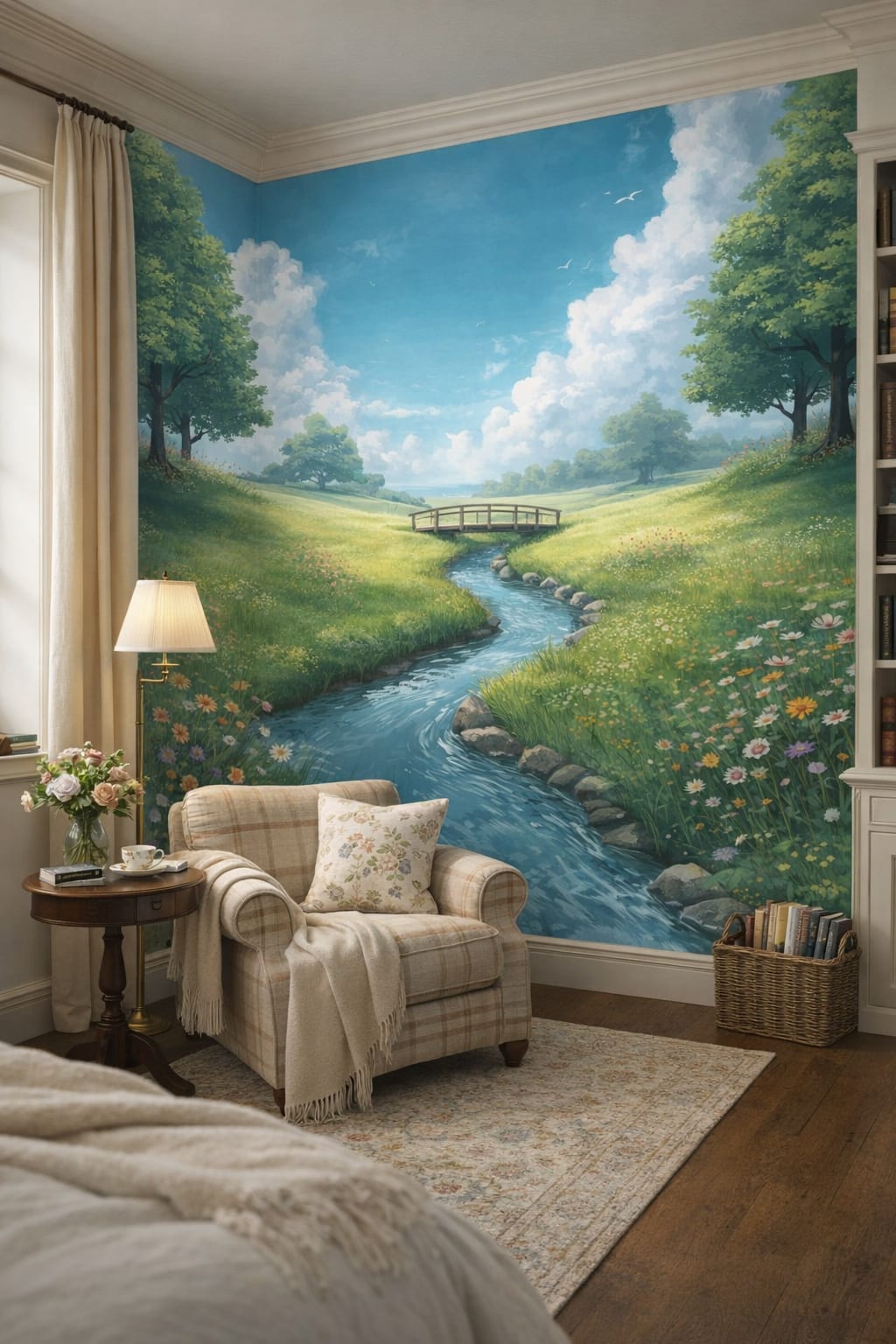 Green-and-cream English Cottage meadow stream featuring wooden bridge - Wall Mural Peel and Stick Wallpaper for English Cottage Reading Corner.