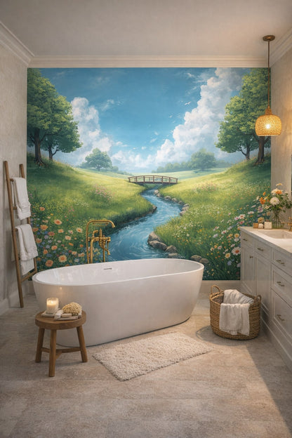 Coastal blue-sand meadow stream featuring wooden bridge - Wall Mural Peel and Stick Wallpaper for Coastal Luxury Bathroom.