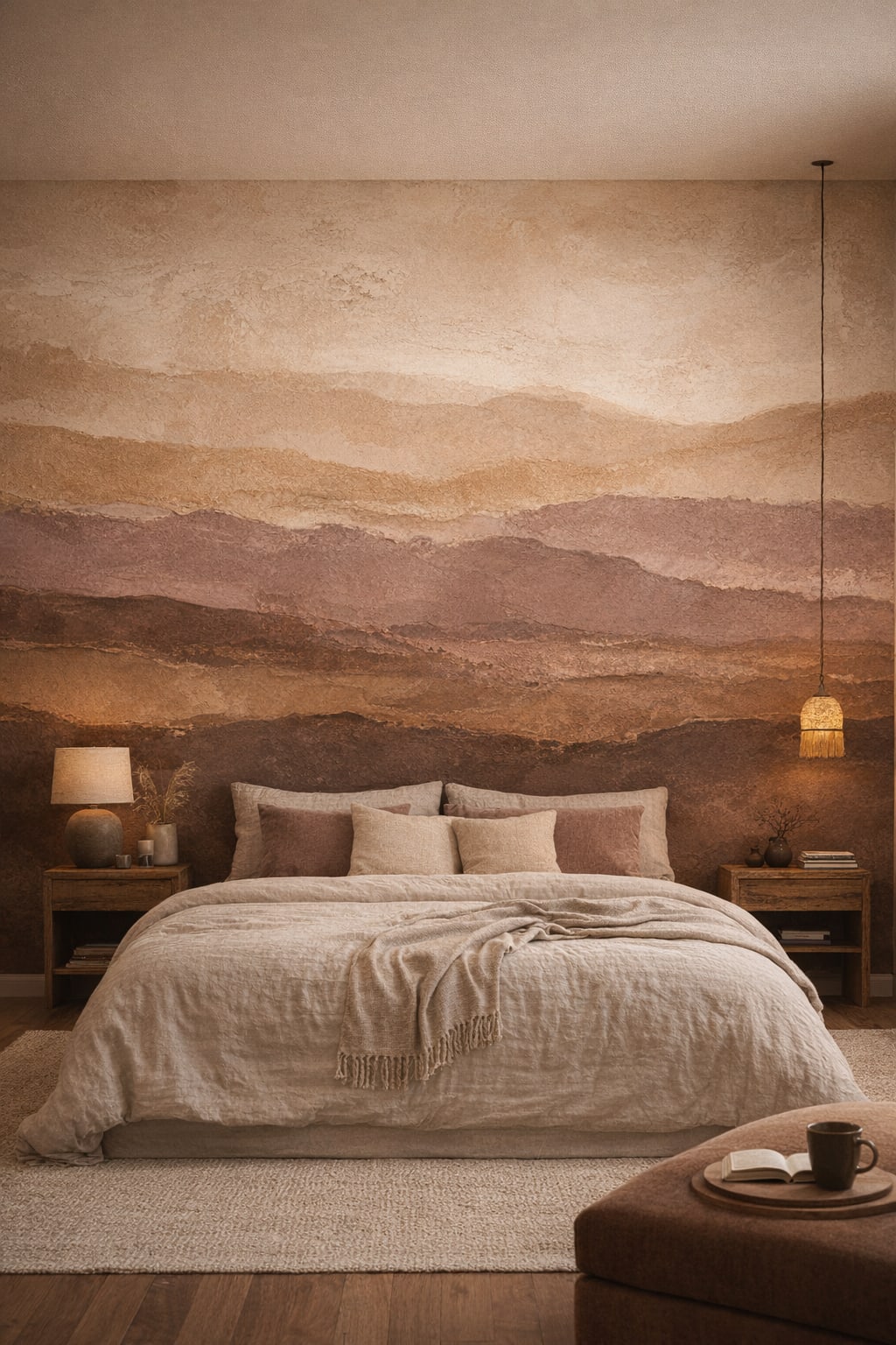 Muted earth-tone Wabi-sabi abstract landscape - Wall Mural Peel and Stick Wallpaper for Wabi-sabi Master Bedroom.