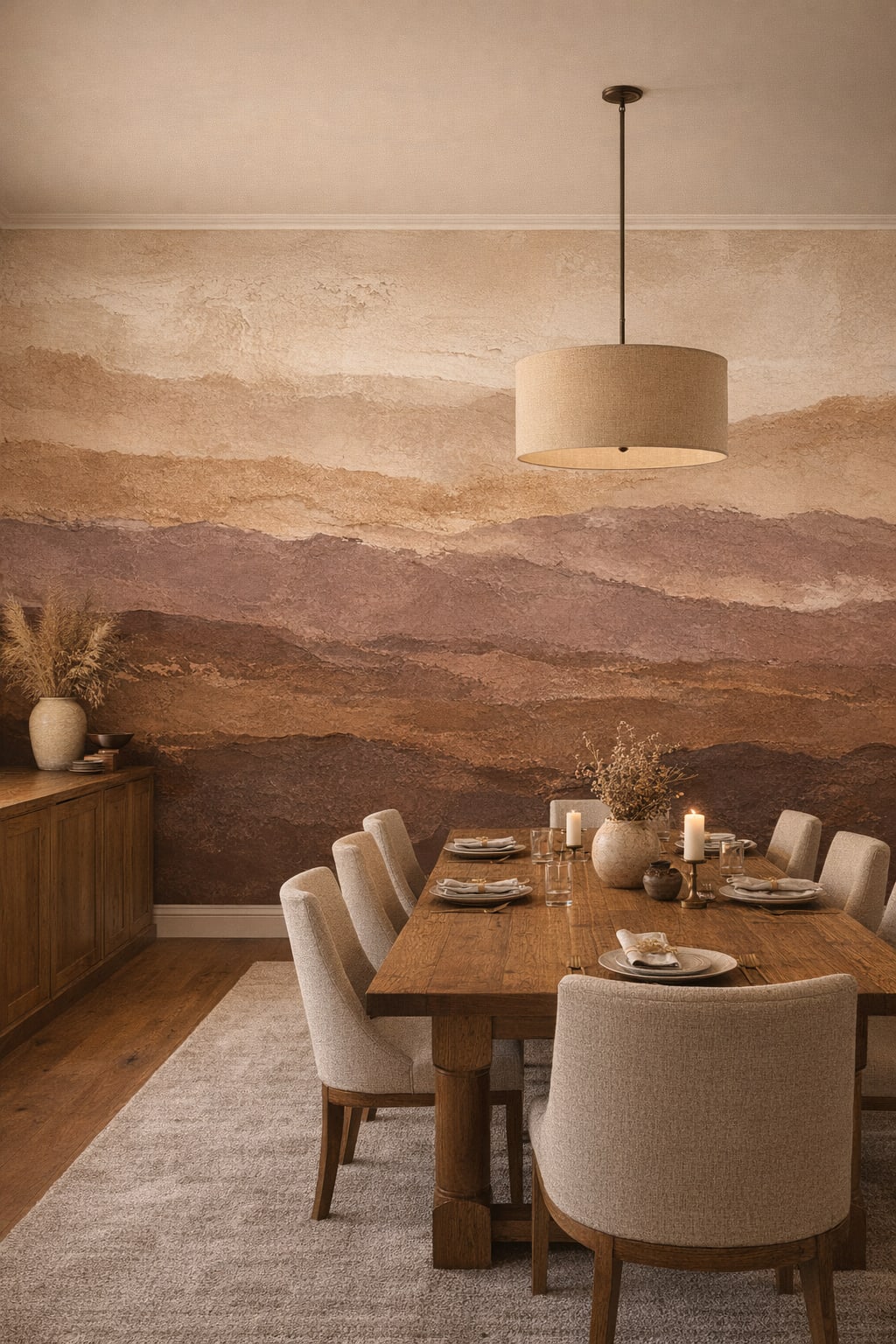 Rustic sand-toned abstract landscape - Wall Mural Peel and Stick Wallpaper for Rustic Modern Formal Dining Room.