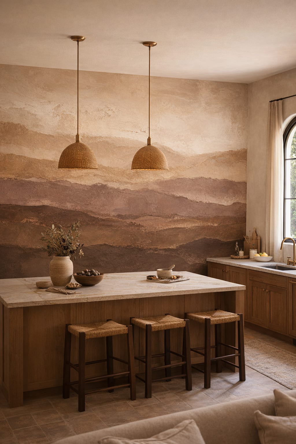 Sand-toned microcement abstract landscape - Wall Mural Peel and Stick Wallpaper for Mediterranean Modern High-end Kitchen.