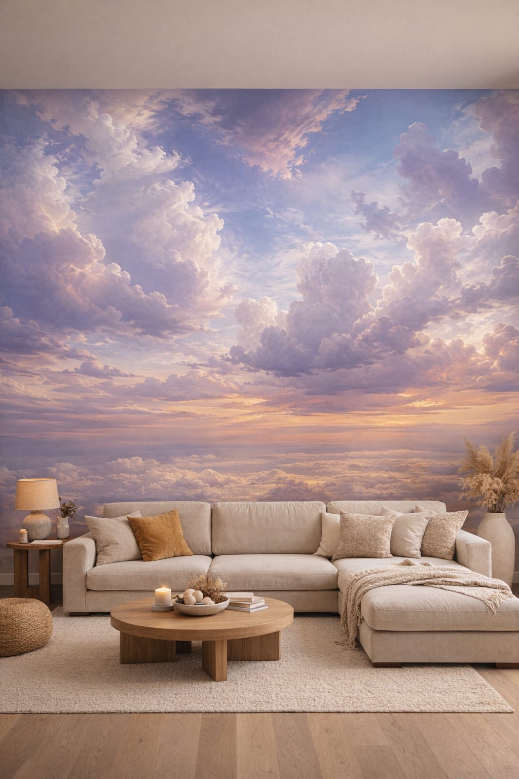 Organic Modern cream cloudscape featuring sunset sky - Wall Mural Peel and Stick Wallpaper for Organic Modern Living Room.