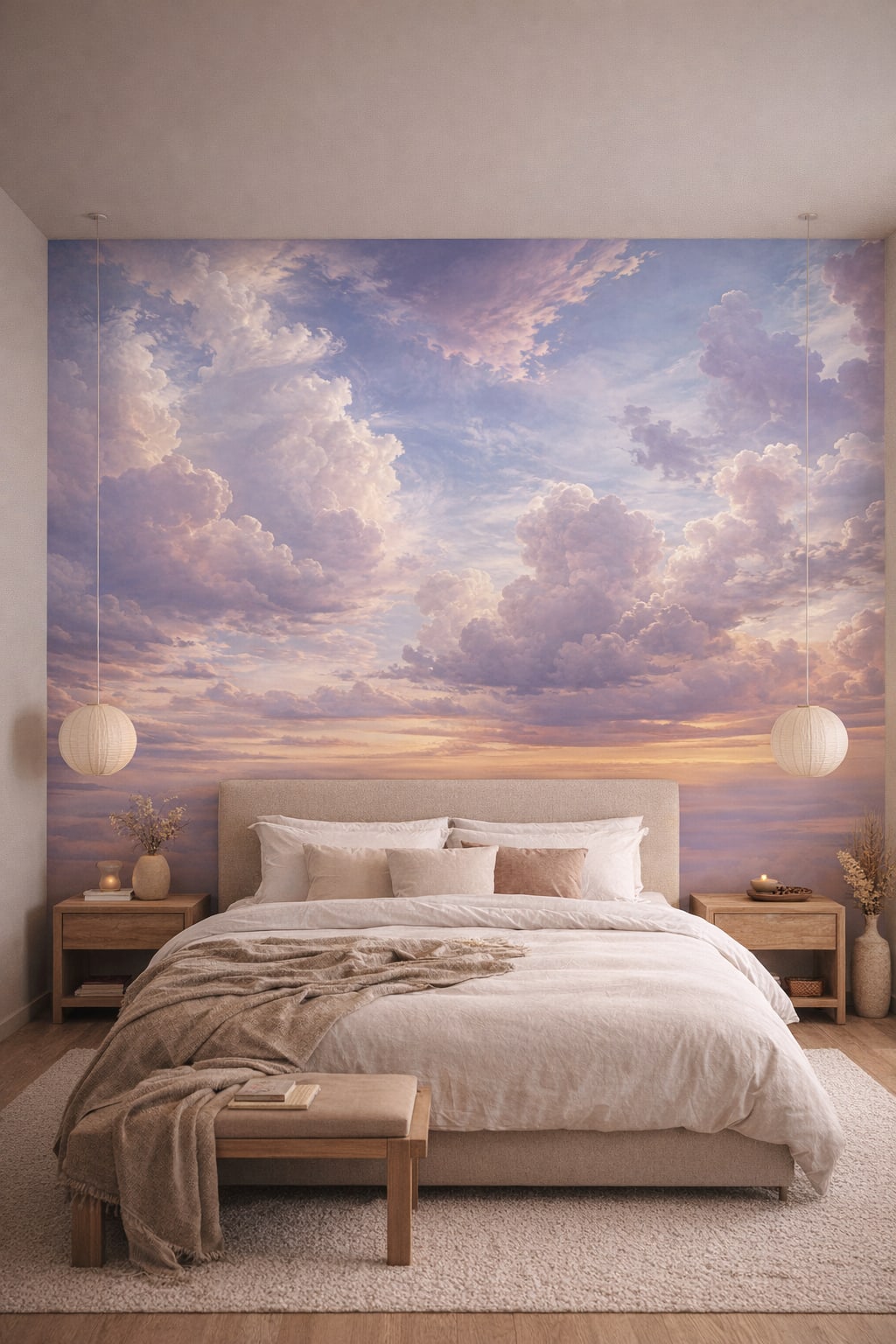 Japandi sand cloudscape featuring sunset sky - Wall Mural Peel and Stick Wallpaper for Japandi Master Bedroom.