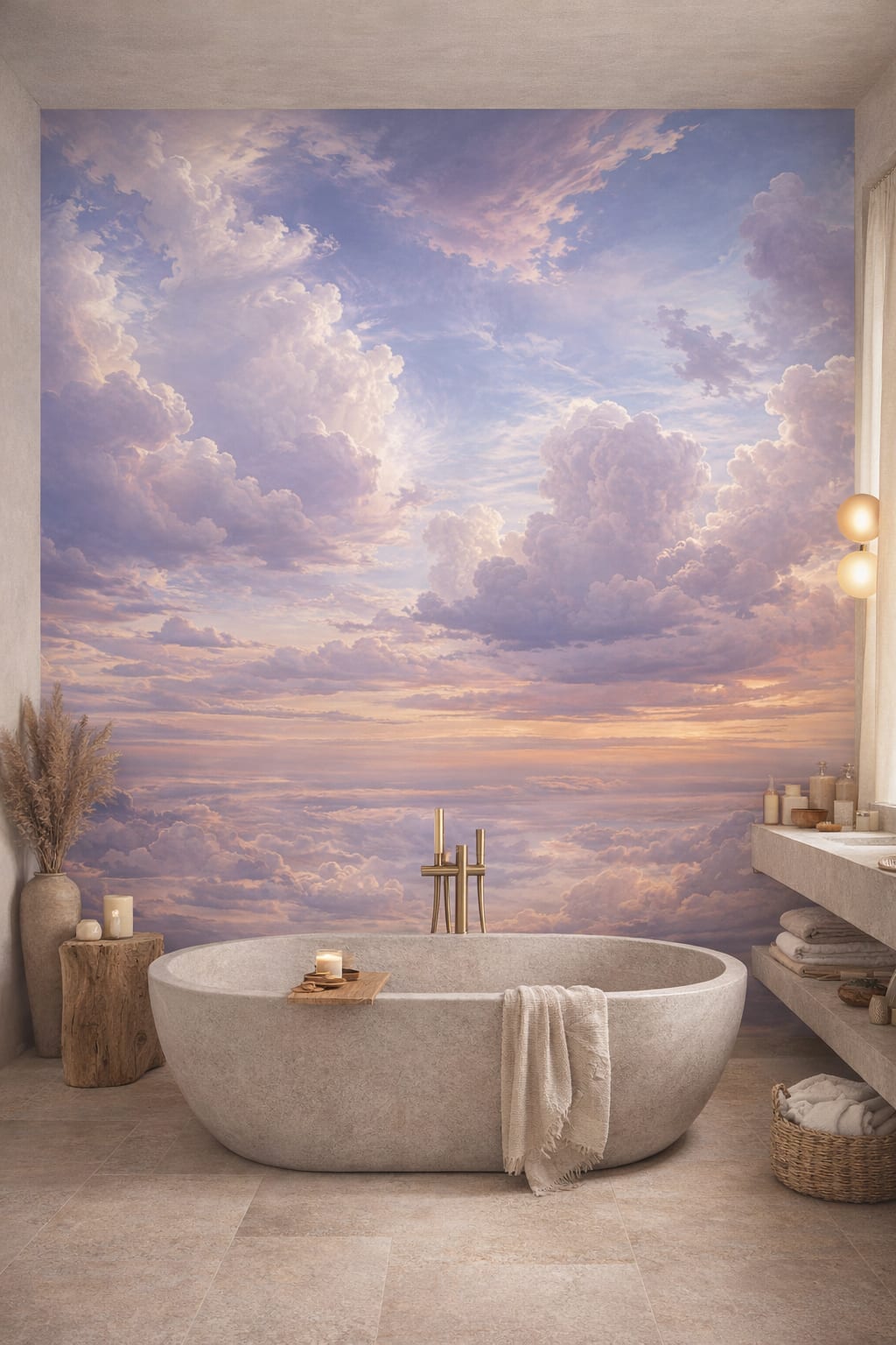 Wabi-sabi muted-earth cloudscape featuring sunset sky - Wall Mural Peel and Stick Wallpaper for Wabi-sabi Luxury Bathroom.