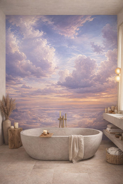 Wabi-sabi muted-earth cloudscape featuring sunset sky - Wall Mural Peel and Stick Wallpaper for Wabi-sabi Luxury Bathroom.