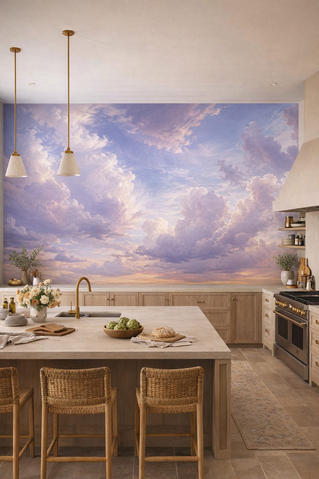 Sand-toned blue cloudscape featuring sunset sky - Wall Mural Peel and Stick Wallpaper for Mediterranean Modern High-end Kitchen.