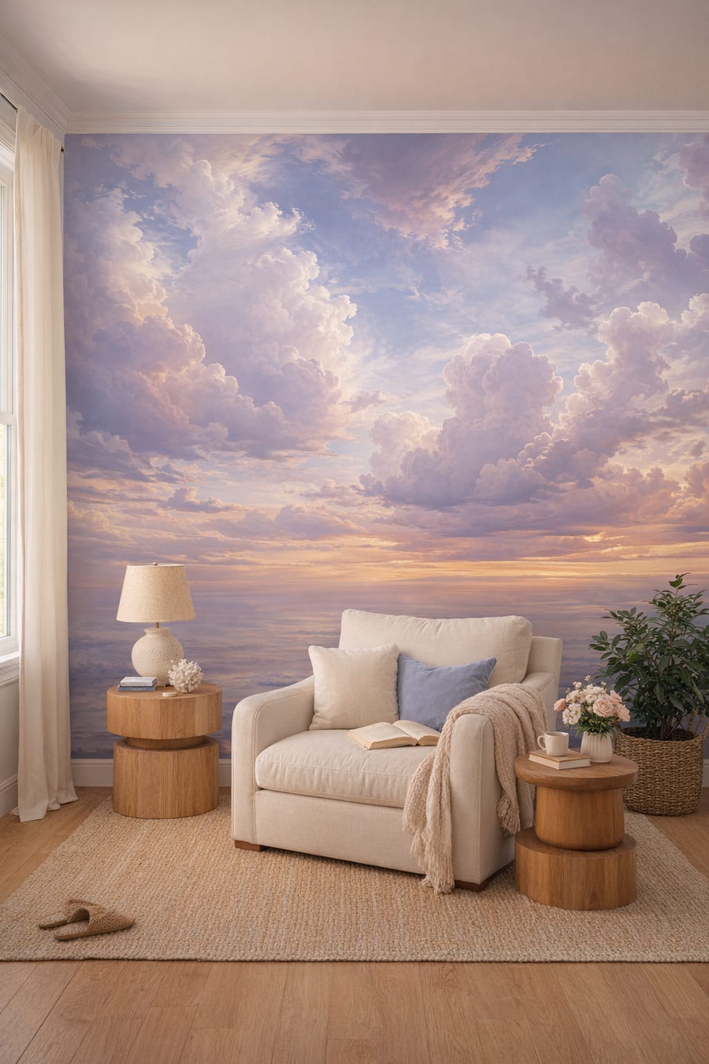 Coastal blue and sand cloudscape featuring sunset sky - Wall Mural Peel and Stick Wallpaper for Coastal Reading Corner.