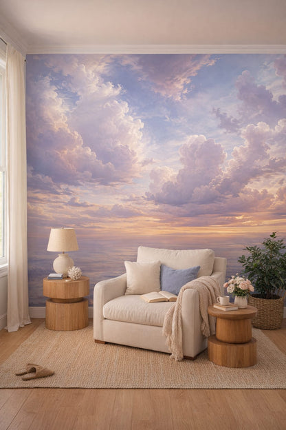 Coastal blue and sand cloudscape featuring sunset sky - Wall Mural Peel and Stick Wallpaper for Coastal Reading Corner.