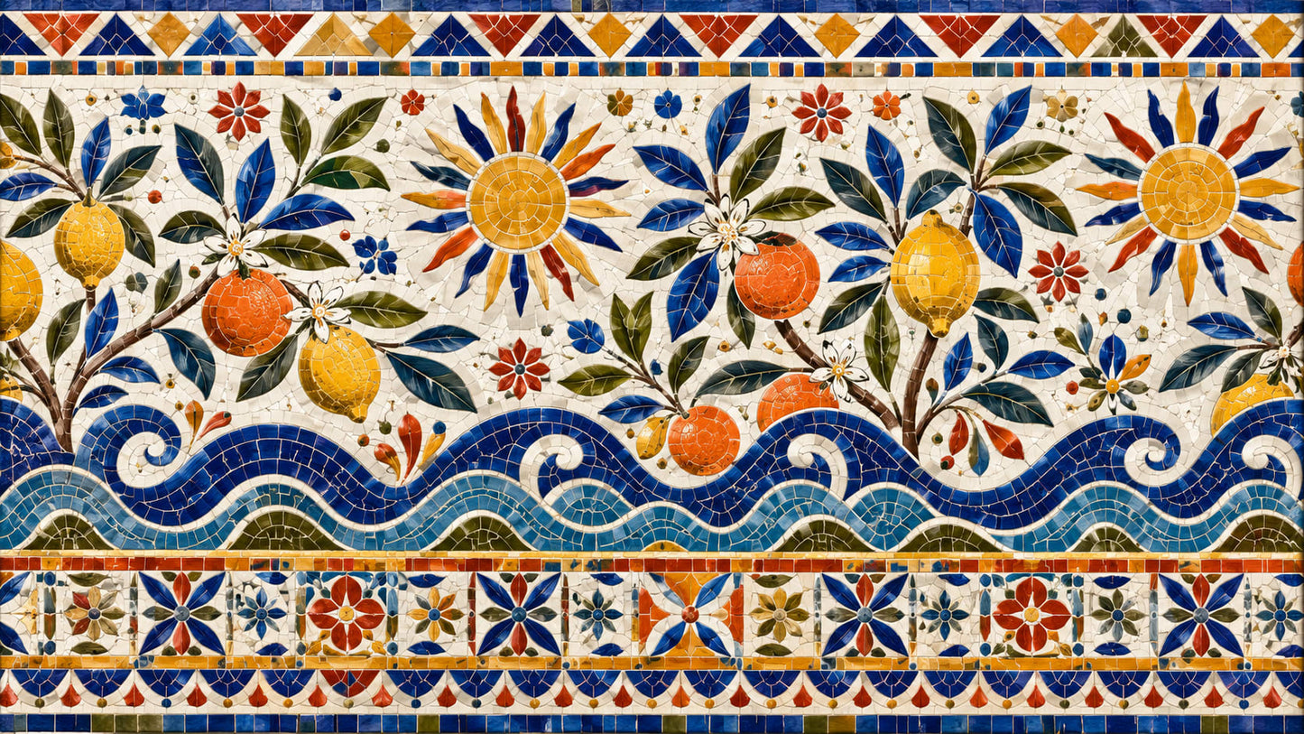 Mediterranean textured Cream citrus fruit featuring floral blossoms and ocean waves - Wall Mural & Peel and Stick Wallpaper for Textured Interiors and Premium Home Styling
