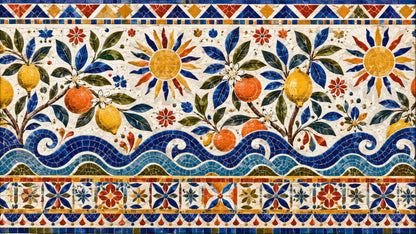 Mediterranean textured Cream citrus fruit featuring floral blossoms and ocean waves - Wall Mural & Peel and Stick Wallpaper for Textured Interiors and Premium Home Styling