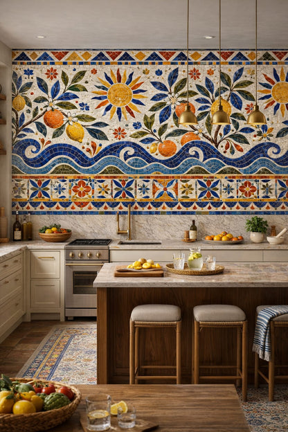 Mediterranean white-and-blue citrus fruit featuring floral blossoms - Wall Mural Peel and Stick Wallpaper for Mediterranean High-end Kitchen.