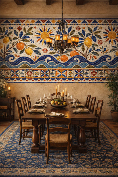 Terracotta cream citrus fruit featuring ocean waves - Wall Mural Peel and Stick Wallpaper for Spanish Colonial Formal Dining Room.