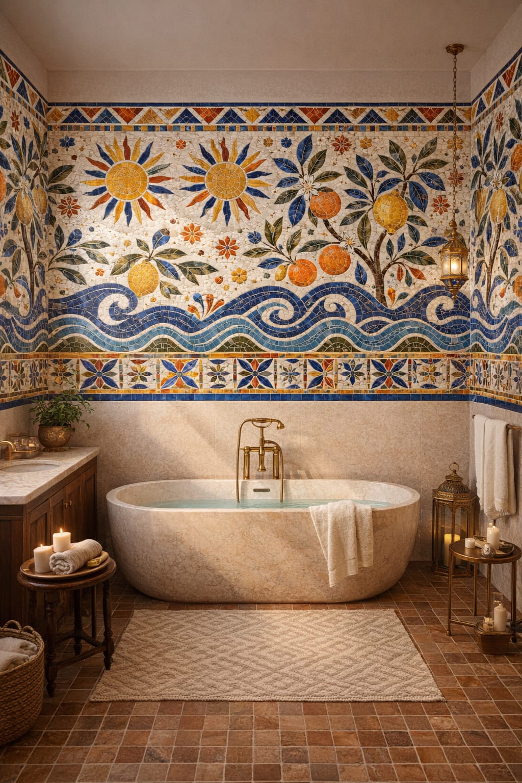 Teal gold Moorish citrus fruit featuring ocean waves - Wall Mural Peel and Stick Wallpaper for Moorish Luxury Bathroom.