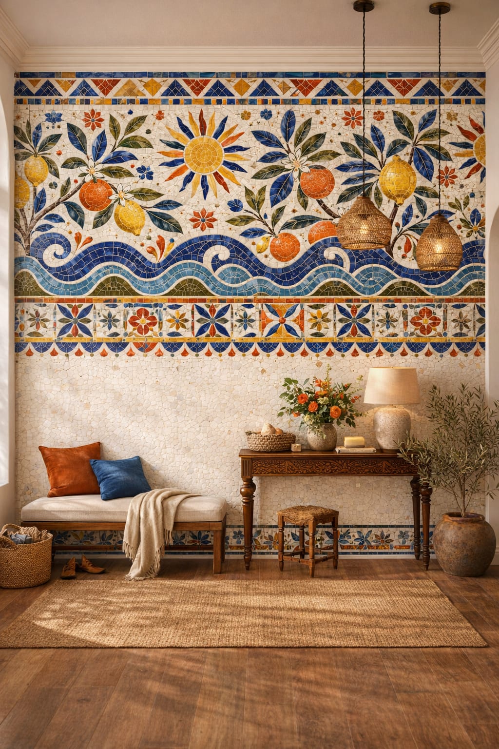 Global Fusion earthy citrus fruit featuring floral blossoms - Wall Mural Peel and Stick Wallpaper for Global Fusion Entry Hall.