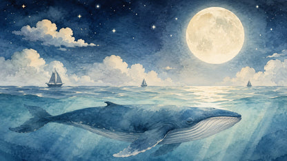 Dreamy painterly Navy Blue whale featuring full moon and sailboats - Wall Mural & Peel and Stick Wallpaper for Watercolor Interiors and Premium Home Styling