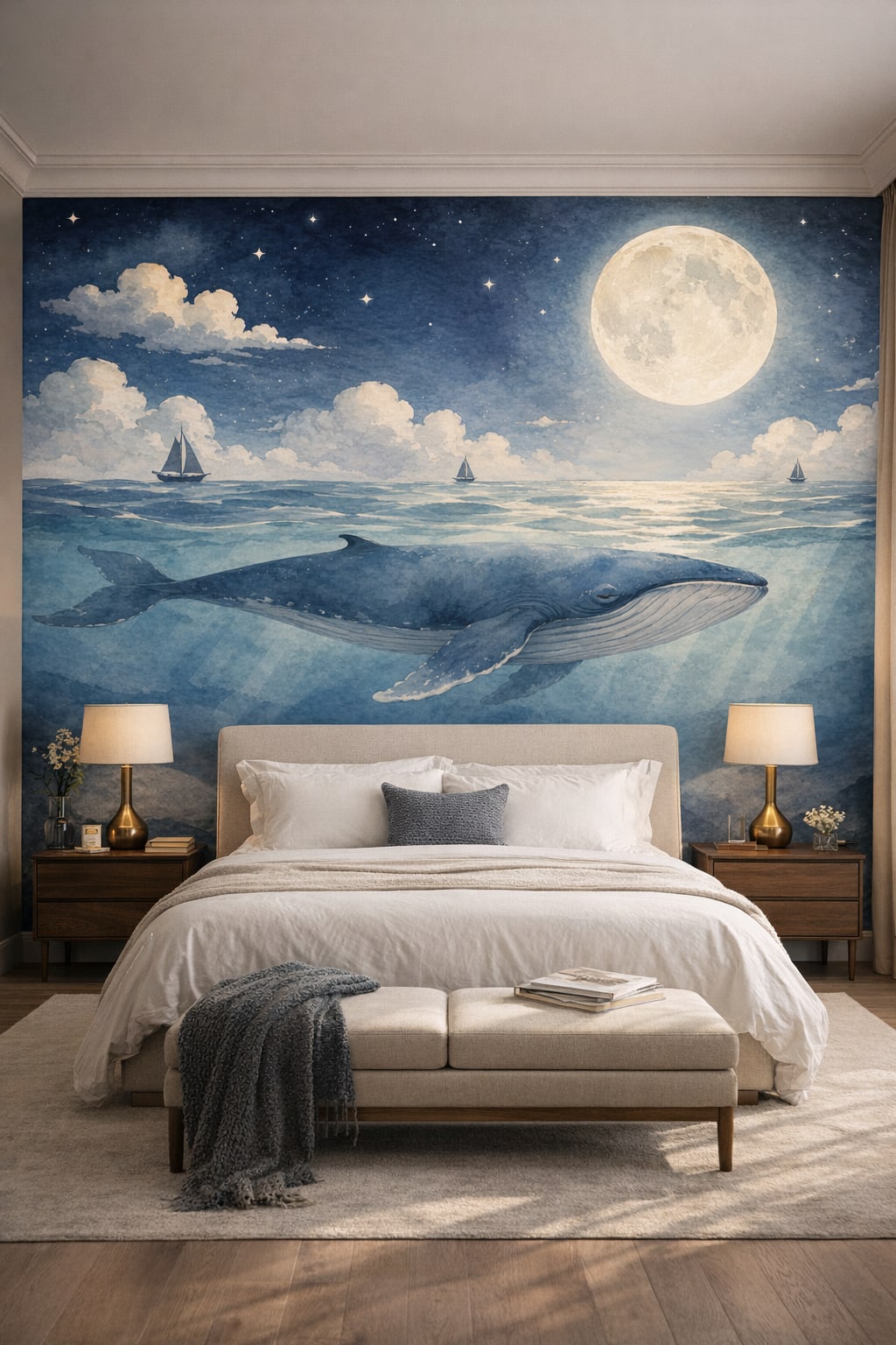 Greige soft-charcoal whale featuring full moon - Wall Mural Peel and Stick Wallpaper for Quiet Luxury Master Bedroom.