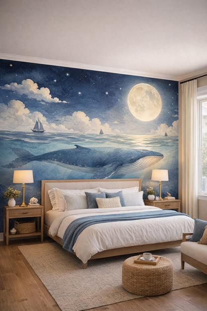 Coastal blue whale featuring full moon - Wall Mural Peel and Stick Wallpaper for Coastal Guest Bedroom.