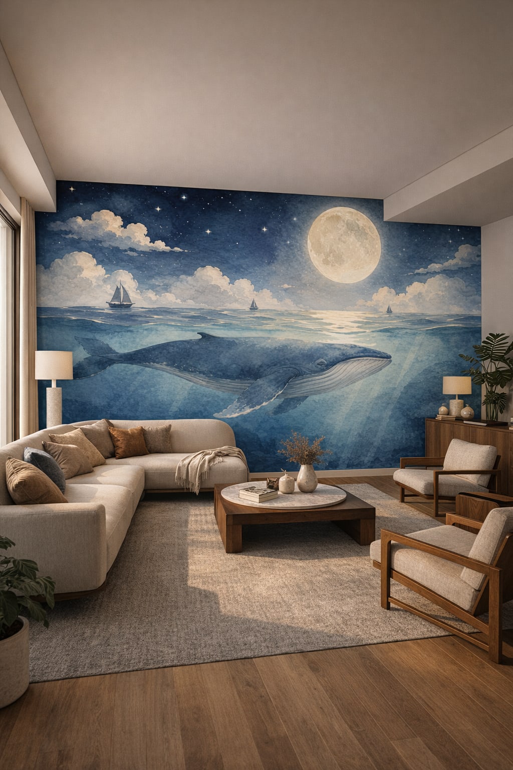 Modernist white-toned whale featuring full moon - Wall Mural Peel and Stick Wallpaper for Brazilian Modernism Living Room.