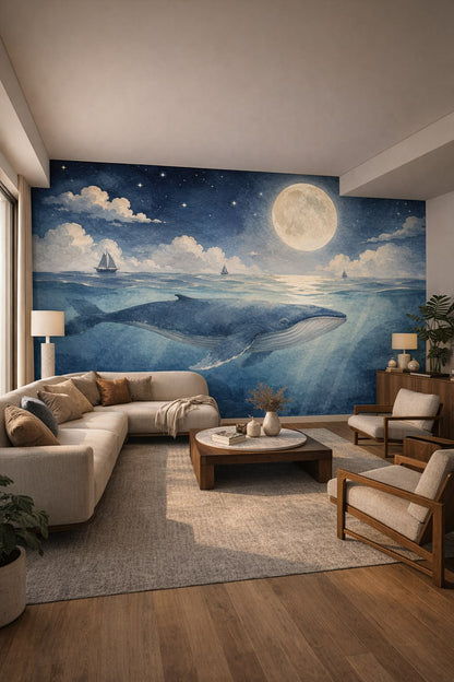Modernist white-toned whale featuring full moon - Wall Mural Peel and Stick Wallpaper for Brazilian Modernism Living Room.