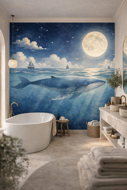 Mediterranean Modern blue whale featuring full moon - Wall Mural Peel and Stick Wallpaper for Mediterranean Modern Luxury Bathroom.
