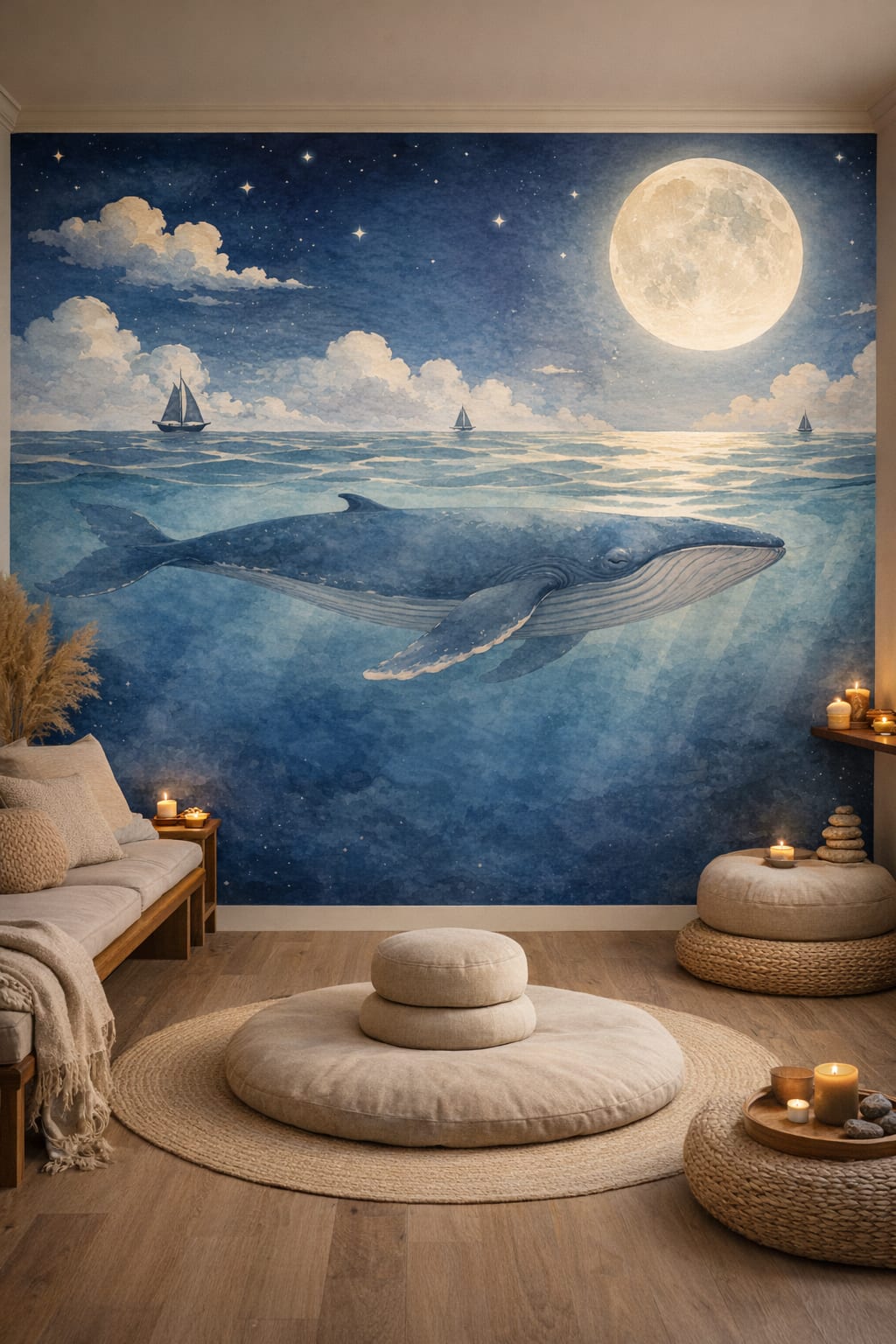 Zen neutral whale featuring full moon - Wall Mural Peel and Stick Wallpaper for Zen Meditation Room.