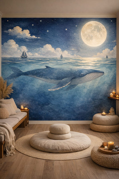 Zen neutral whale featuring full moon - Wall Mural Peel and Stick Wallpaper for Zen Meditation Room.