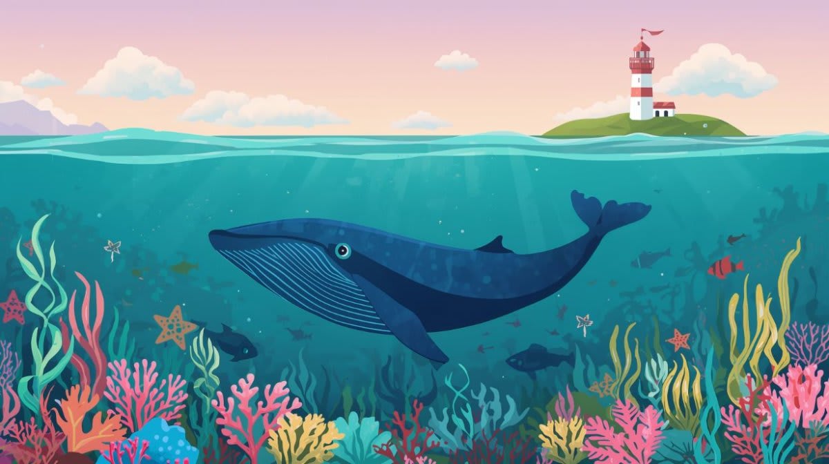 Playful whimsical Ocean Blue whale featuring lighthouse and tropical fish - Wall Mural & Peel and Stick Wallpaper for Whimsical Nursery or Kids Room.