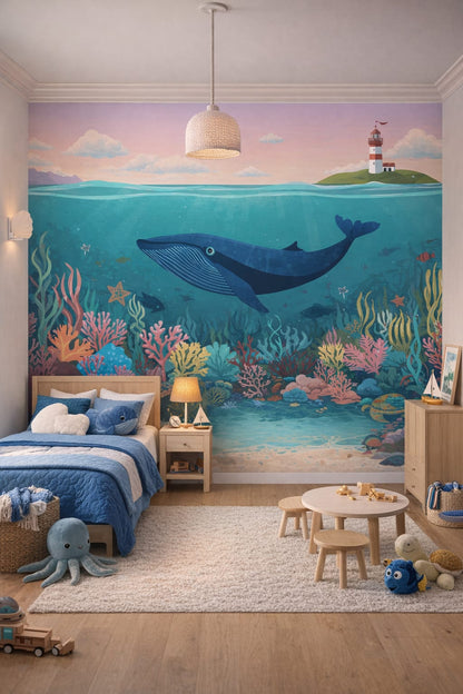 Coastal Kids sky-blue whale featuring lighthouse - Wall Mural Peel and Stick Wallpaper for Coastal Kids Kids Bedroom.