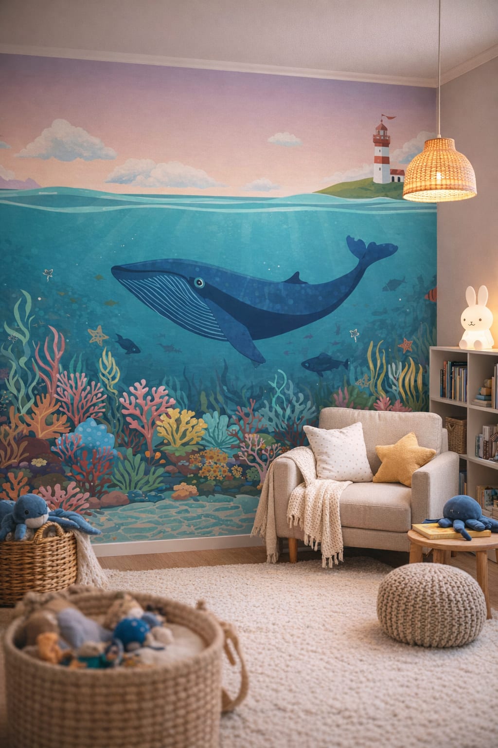Scandi Kids birch-toned whale featuring lighthouse - Wall Mural Peel and Stick Wallpaper for Scandi Kids Reading Corner.