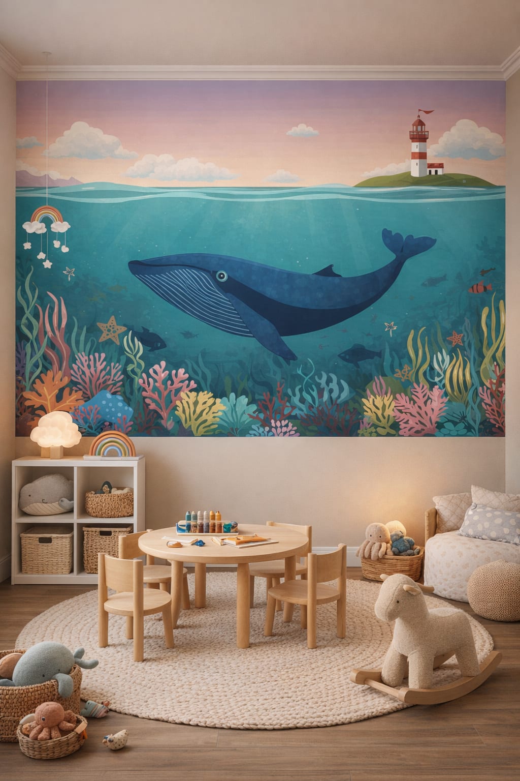 Neutral modern Montessori whale featuring lighthouse - Wall Mural Peel and Stick Wallpaper for Modern Montessori Playroom.