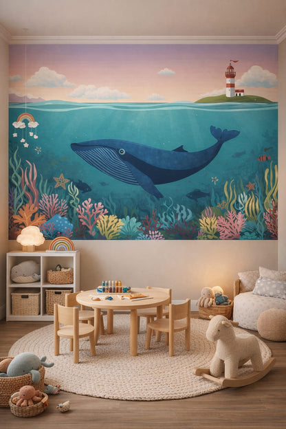 Neutral modern Montessori whale featuring lighthouse - Wall Mural Peel and Stick Wallpaper for Modern Montessori Playroom.