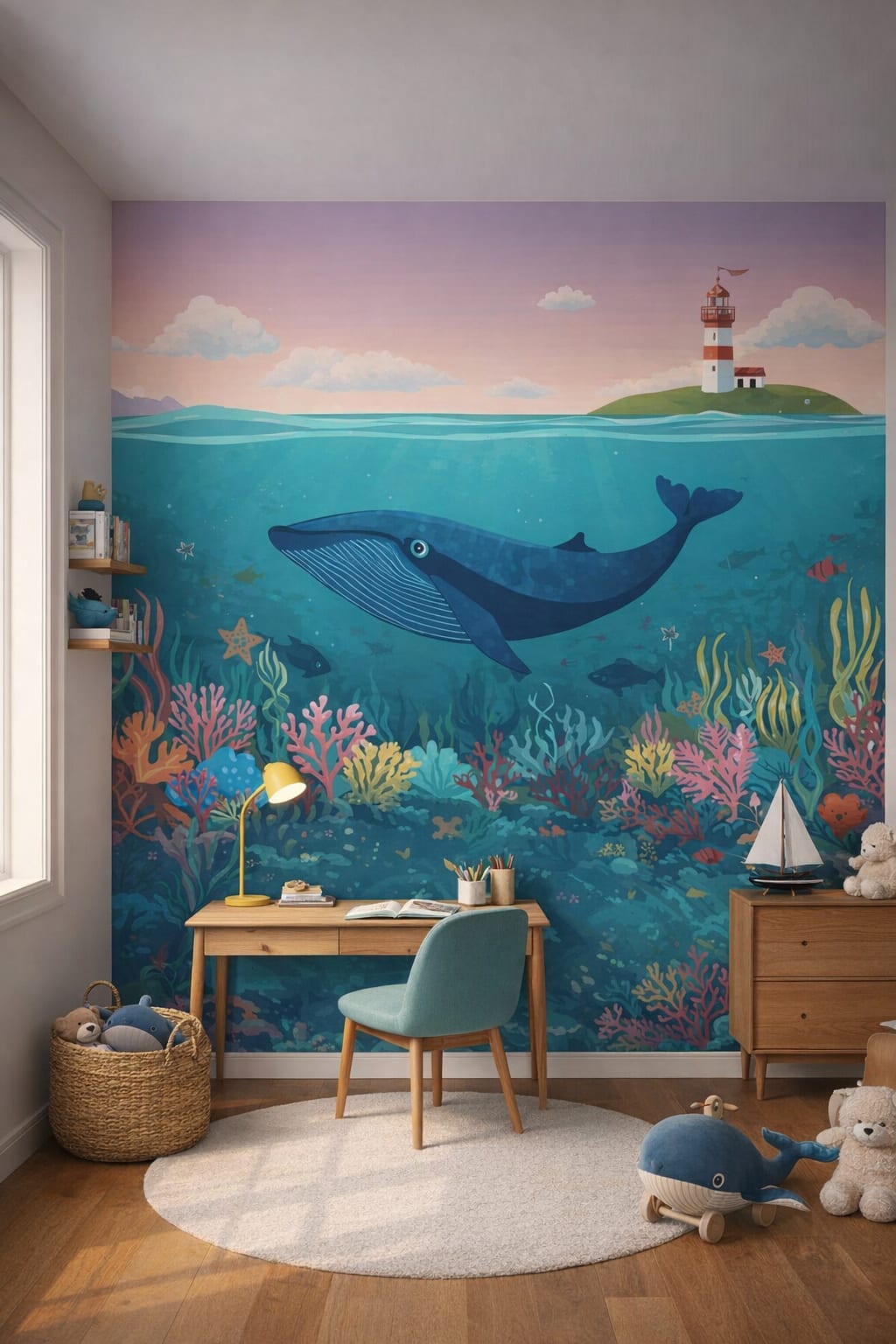 Teal walnut Mid-century Kids whale featuring lighthouse - Wall Mural Peel and Stick Wallpaper for Mid-century Kids Homework / Study Corner.