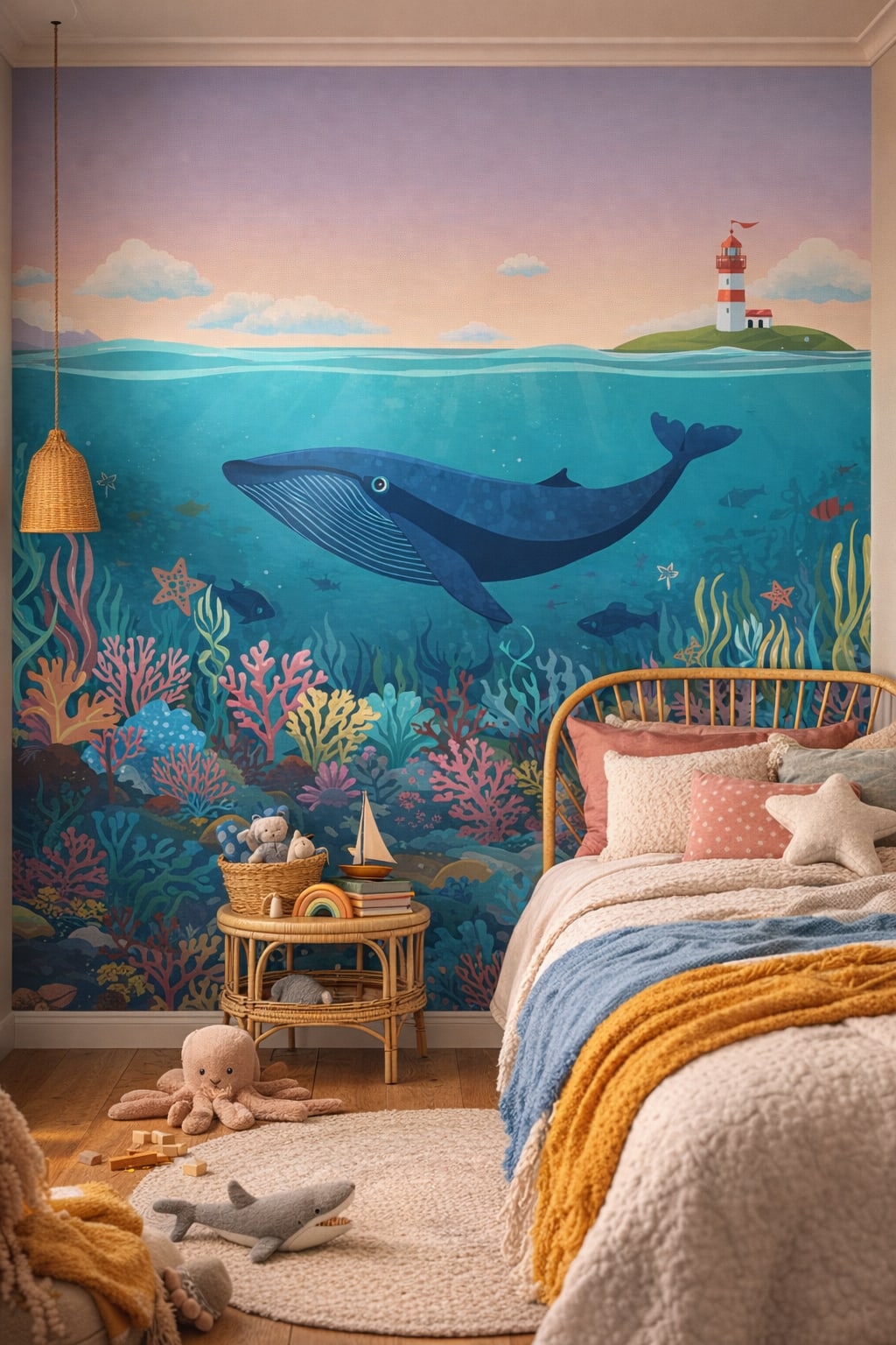 Whimsical Boho terracotta-sage whale featuring lighthouse - Wall Mural Peel and Stick Wallpaper for Whimsical Boho Kids Bedroom.
