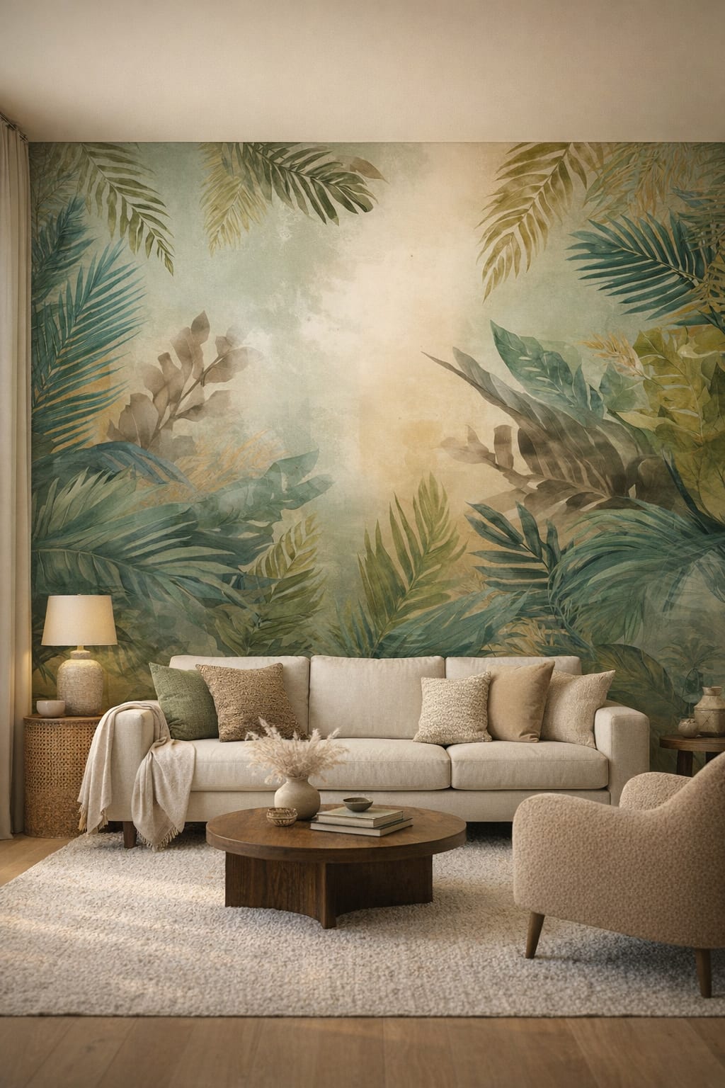 Cream sand Organic Modern tropical foliage featuring palm leaves - Wall Mural Peel and Stick Wallpaper for Organic Modern Living Room.
