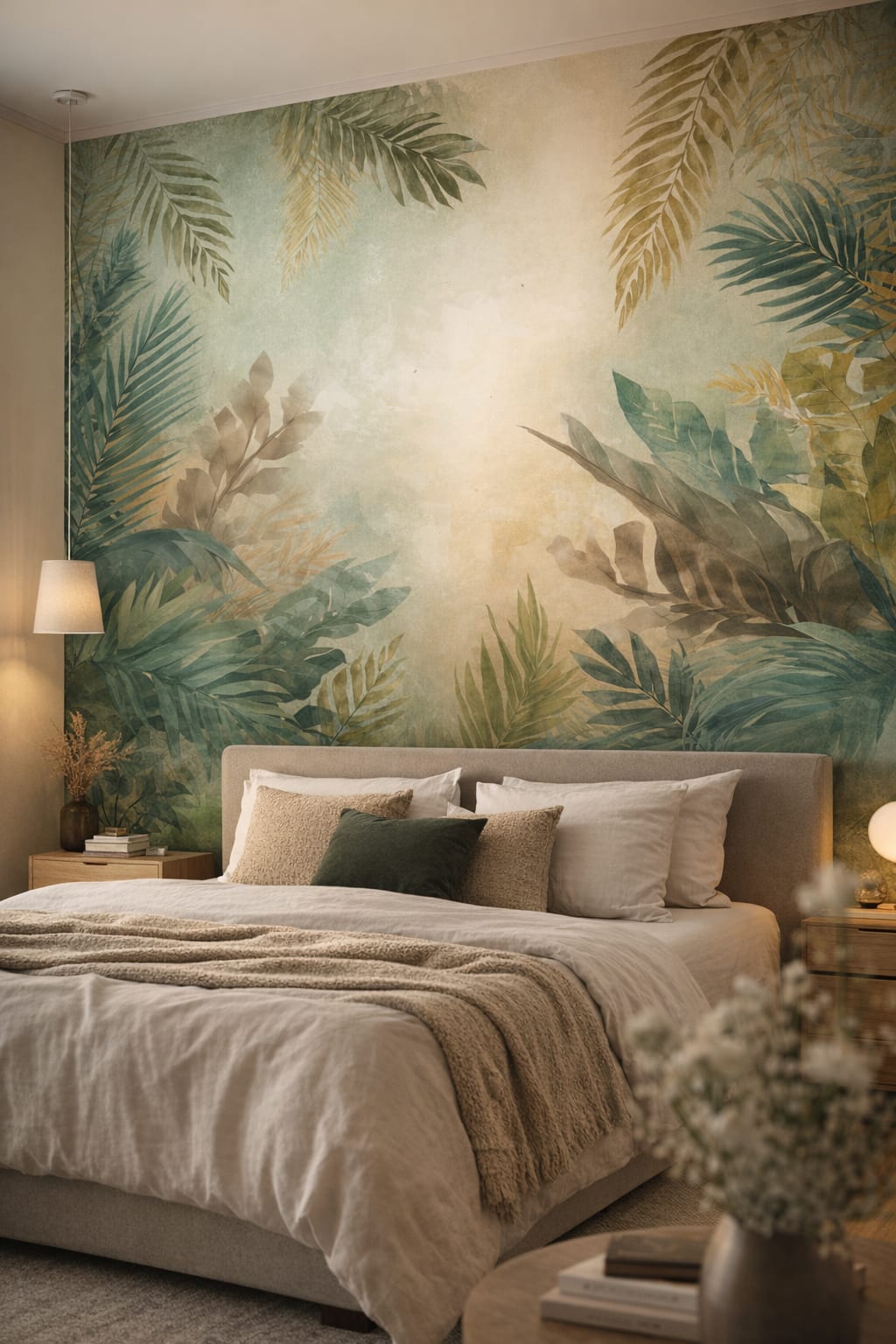 Sand-toned Japandi tropical foliage featuring palm leaves - Wall Mural Peel and Stick Wallpaper for Japandi Master Bedroom.